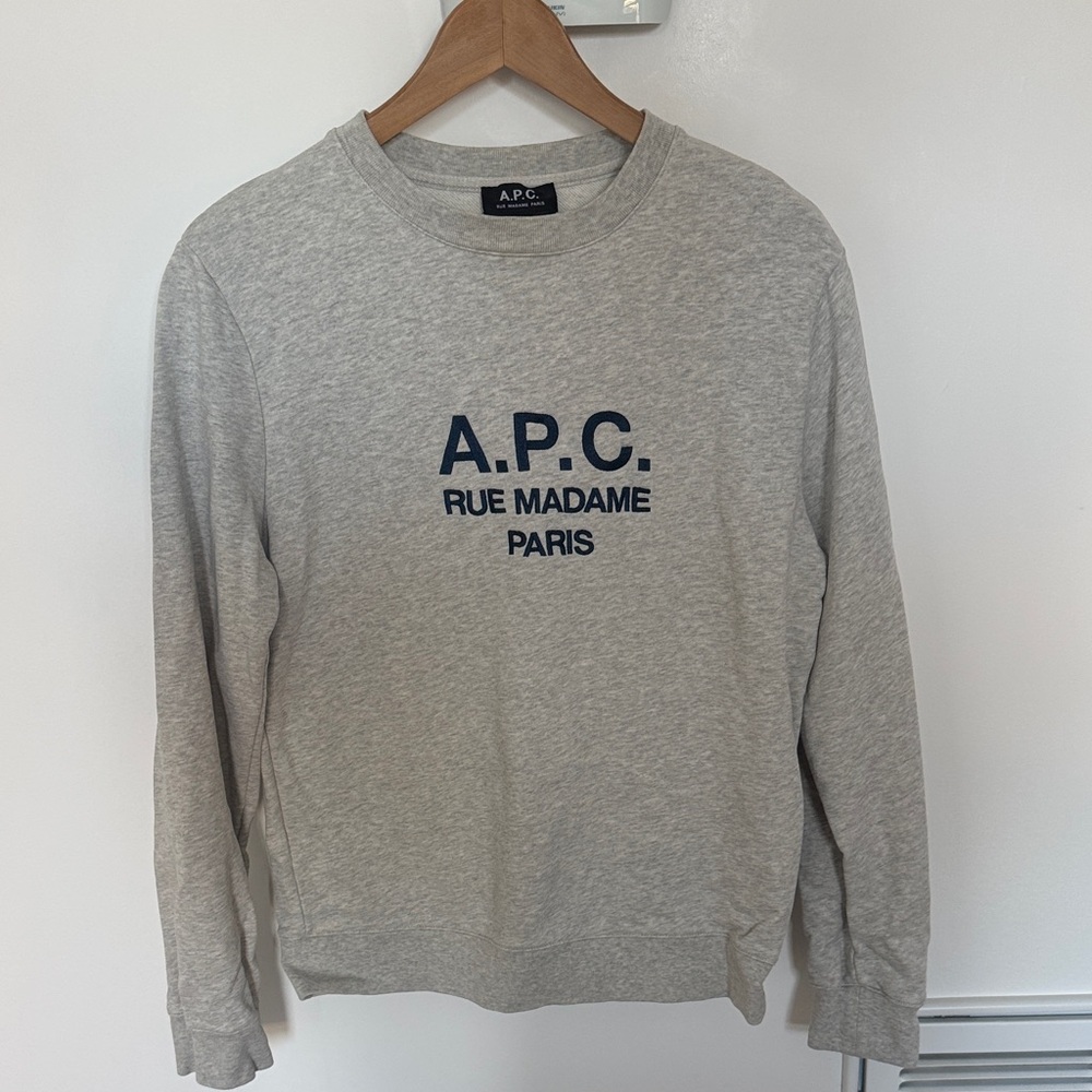A.P.C. Men’s Light Gray Crewneck Sweater with Navy Logo